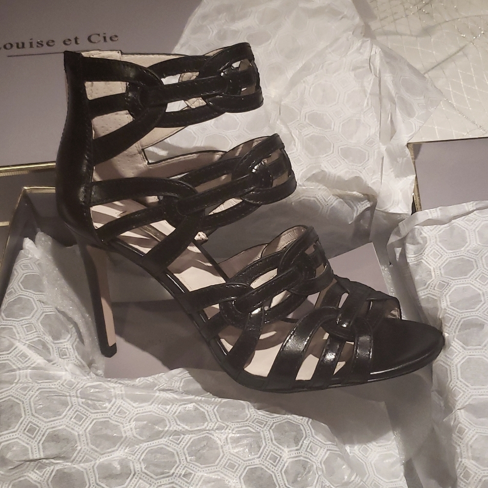 Louise et Cie New Sandals Leather Strappy Stilettos Heels BLACK Women's Sz 8 - Picture 2 of 16